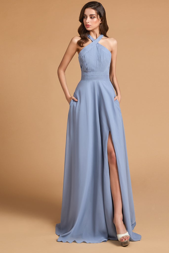 Halter Split Pockets Bridesmaid Dress