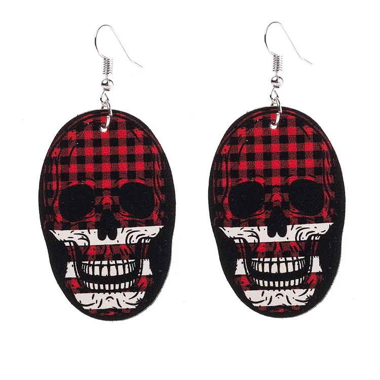 Red Plaid Skull Earrings - yankia