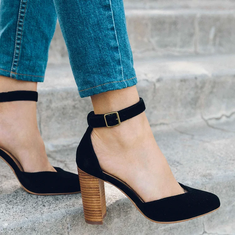 Velvet Black Ankle Strap Heels With Rounded Toe and Chunky Heel Pumps Vdcoo