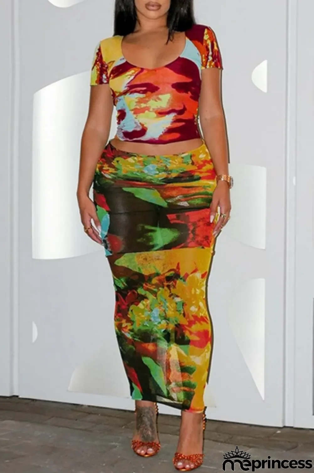 Colour Sexy Print Basic O Neck Short Sleeve Two Pieces