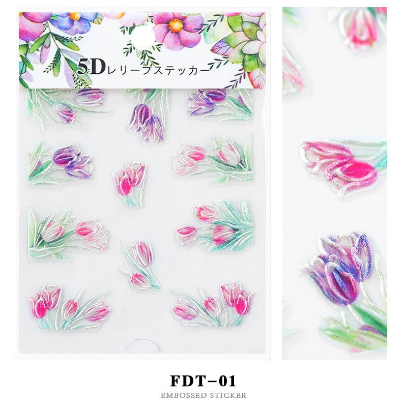 Nail Stickers Embossed 5D Flowers Leafs Designs Back Glue Nail Decals Decoration Tips For Beauty Salons