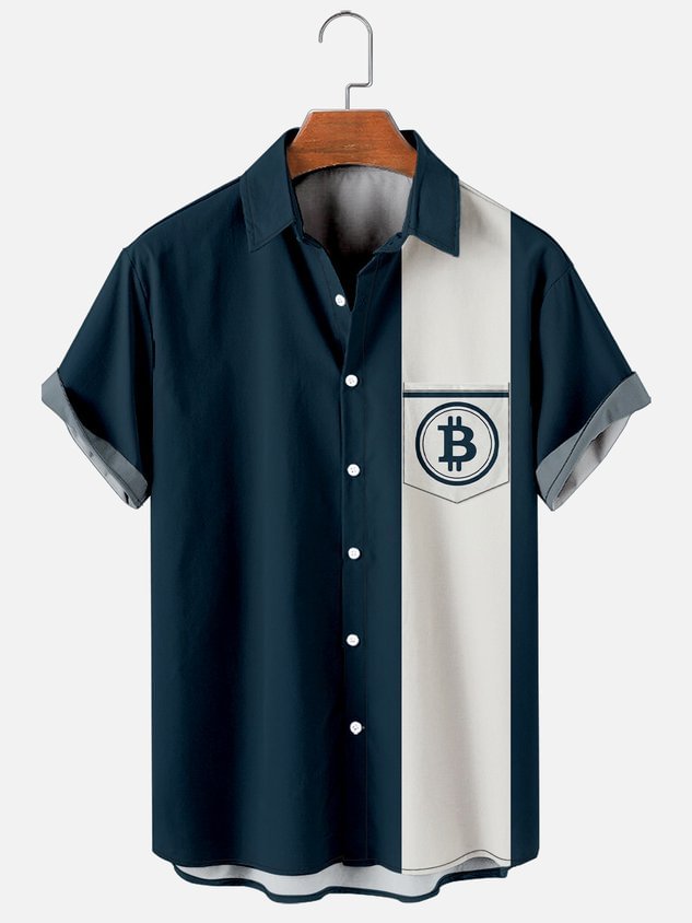 Mens Technology Bitcoin Print Casual Breathable Short Sleeve Hawaiian Shirt