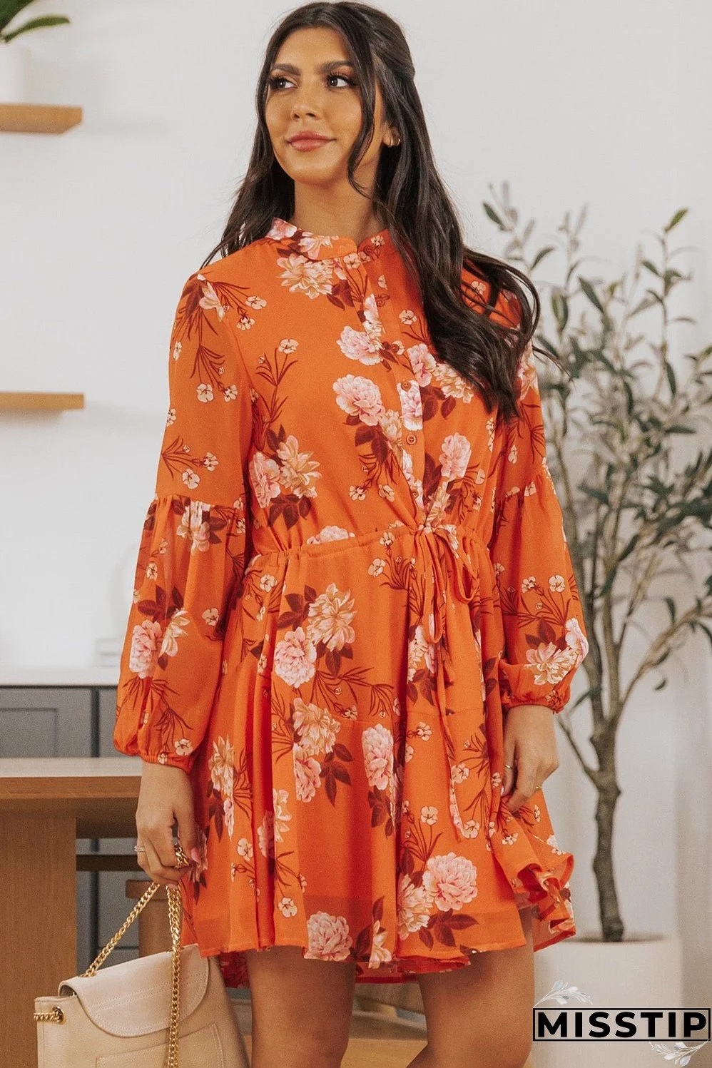 Vintage Floral Print Drawstring Flowy Dress