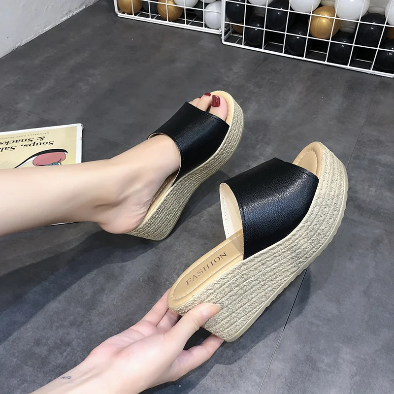 Breakj Breakj Cake Slippers Women Cool Drag Slope With High Heel 7CM Word Drag Leather Large Size Women's Shoes 35-42 Perennial