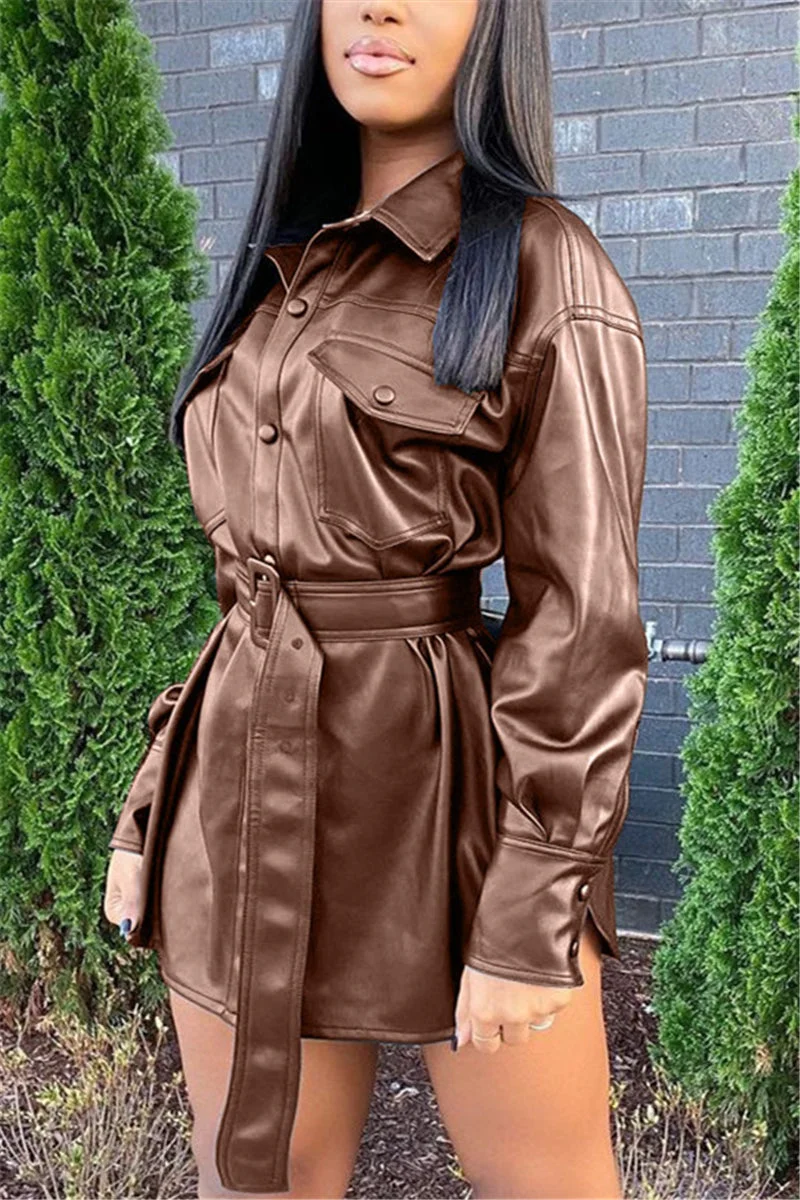 Fashion Casual Solid With Belt Turndown Collar Outerwear