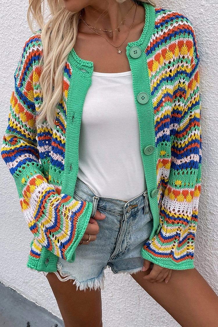 Knit Long Flare Sleeve Button Tribal Print Coat