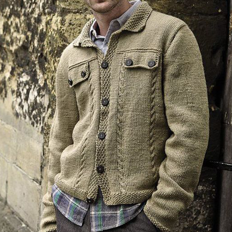 Plain Vintage Lapel Men's Casual Wool Cardigan
