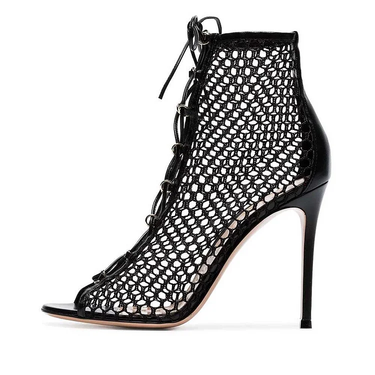 Black Nets Lace Up Stiletto Heel Peep Toe Booties |FSJ Shoes