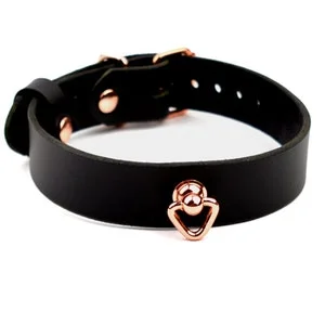 pornhint Pornhint Black Leather Aurum Collar with Rose Gold Triangle Ring Pendant | Cute Subtle Submissive Day Collar | DDLG Lockable Choker| Col25TrRngBlkRg