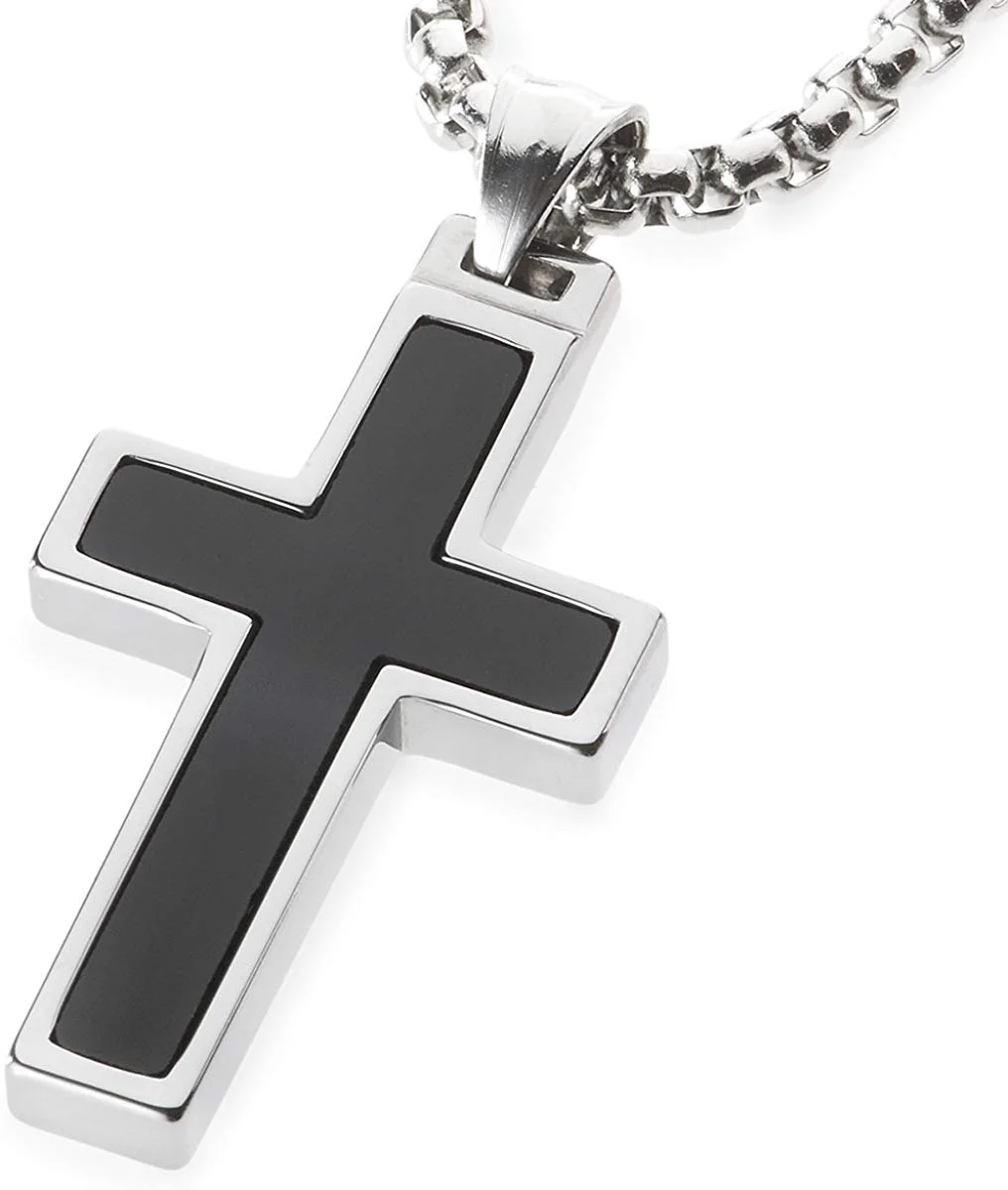 Women's Or Men's Unique Onyx Inlay Tungsten Cross Pendant Necklace Jewelry Gifts For Mens And Womens