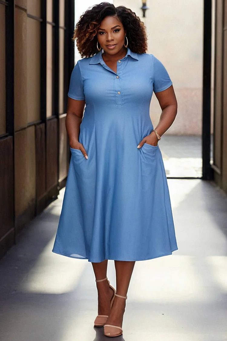 Xpluswear Design Plus Size Daily Light Blue Casual Shirt Collar Short Sleeve Pocket Tencel Denim Midi Dresses [Pre-Order] 2024 - Xpluswear