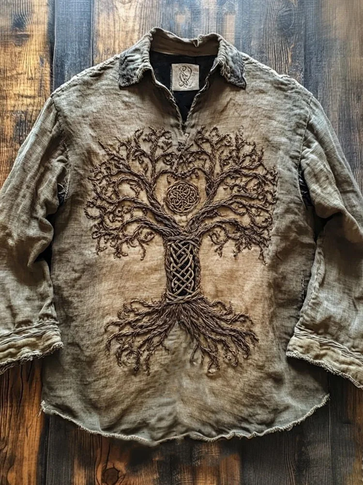 Viking Inspired Tree Of Life Embroidered Vintage Linen Shirt