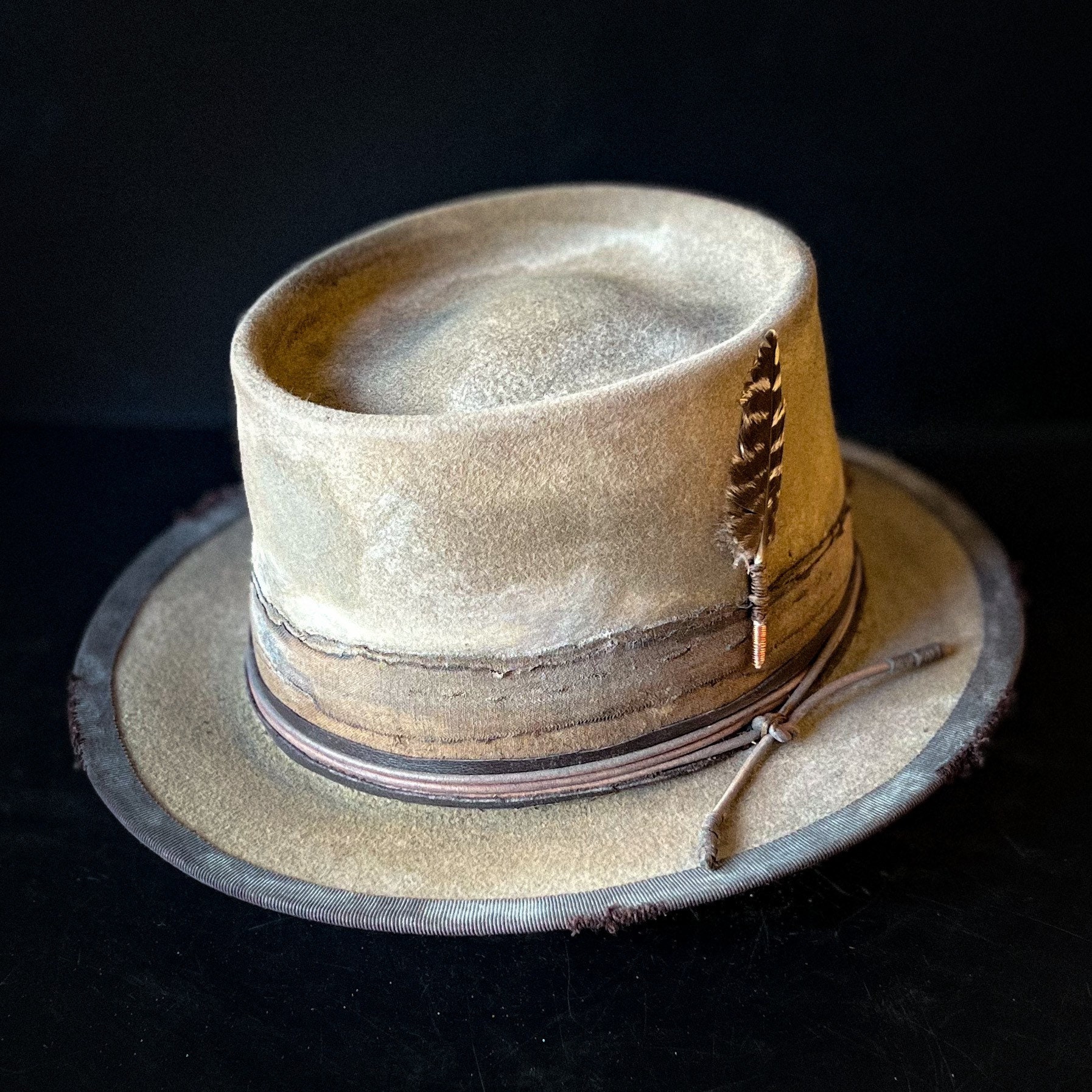 Vintage Flat Top Hat-Pure Wool Bowler Hat-Jazz Short Brim Sheep Felt Hat-Handmade