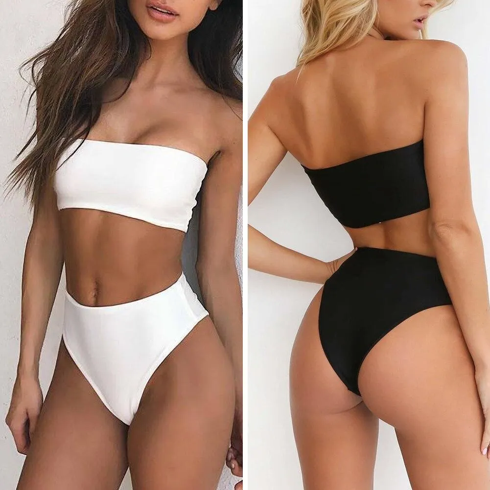 Sexy Women Solid Color Tube Top Bandeau High Waist Panties Set Bikini Swimwear