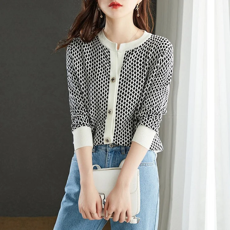 Checkered/plaid Long Sleeve Casual Sweater QueenFunky