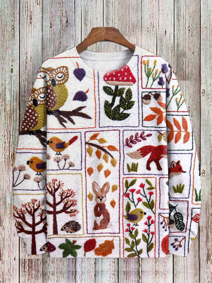 Men's Forest Animal Plant Embroidery Print Cottagecore Sweatshirt