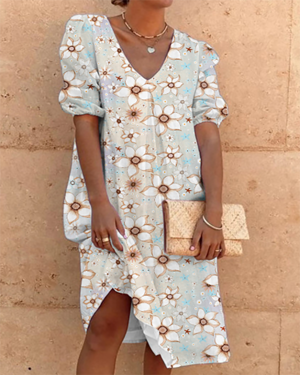 Casual V-Neck Pine Flower Short Sleeve Woven Dress