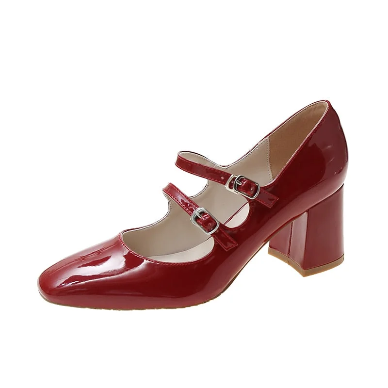 Thick High Heels Mary Jane Shoes For Women Spring 2022 Fashion Double Buckle Strap Pumps Women Black Patent Leather Shoes