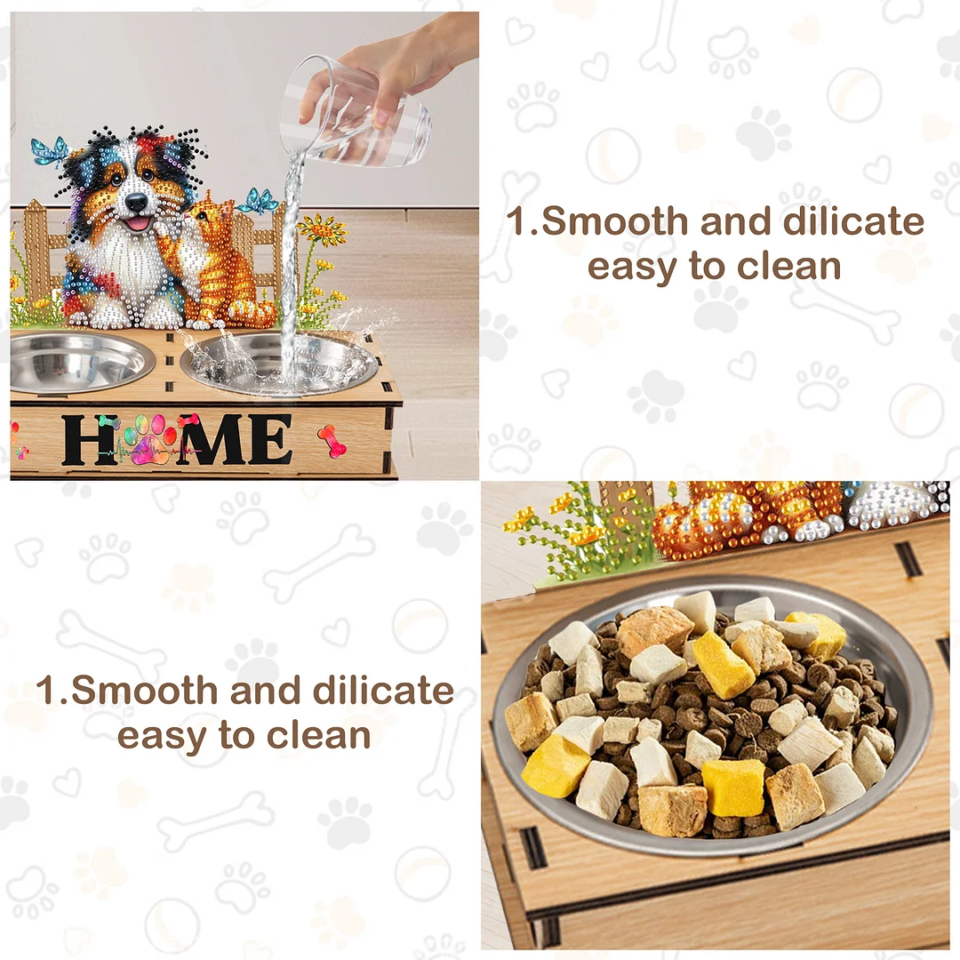 Diamond Painting Food Bowl with Wood Stand Diamond Art Dog Bowl for Small Dogs