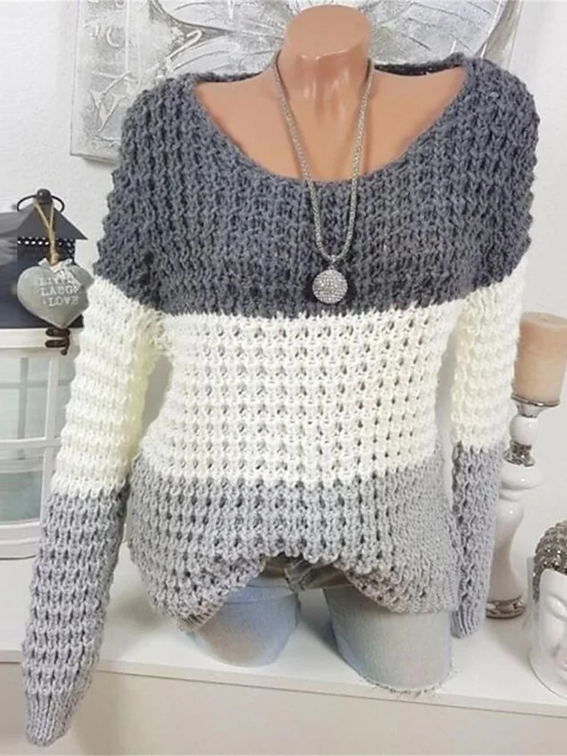 Women's Pullover Sweater Jumper Jumper Crochet Knit Hollow Out Hole Color Block Crew Neck Stylish Casual Daily Going out Summer Fall Pink Gray S M L socialshop