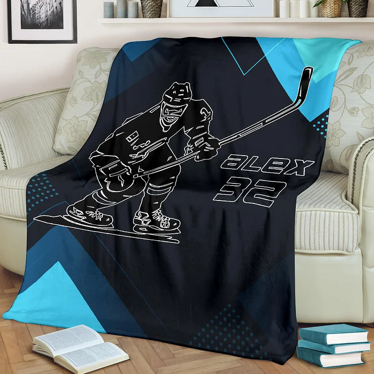 Personalized Hockey Blanket, Ice Hockey Player Sherpa Fleece Blanket | BKKid549