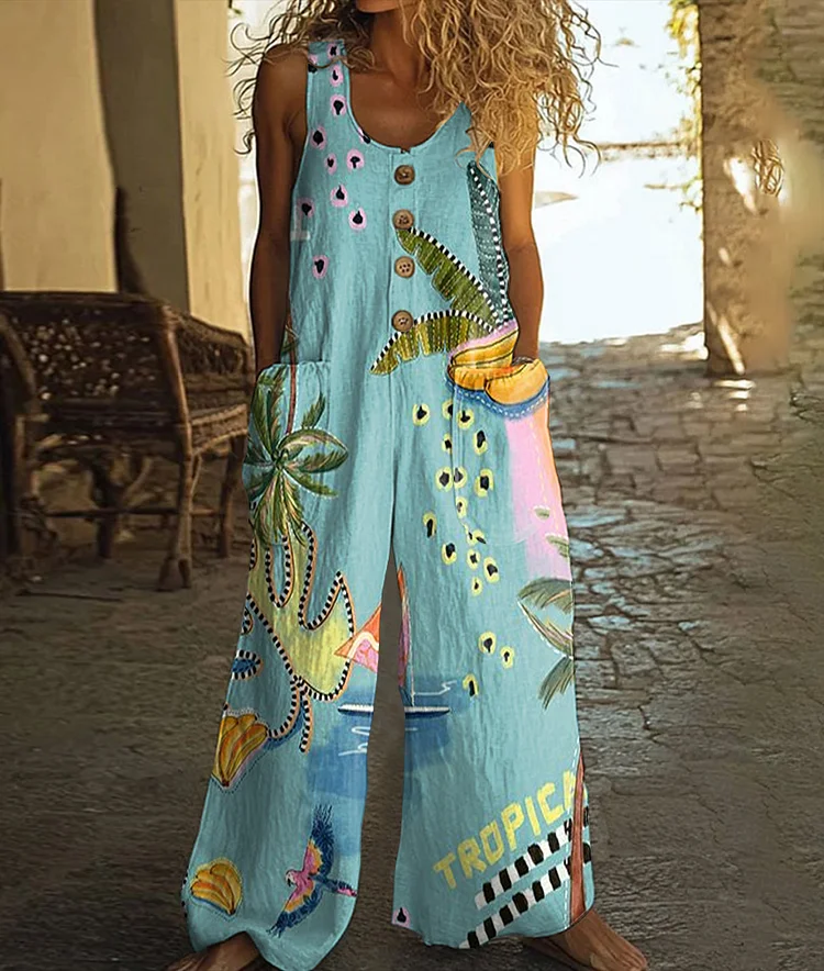 Women's Retro Tropical Fruit Art Print Casual Wide Leg Jumpsuit