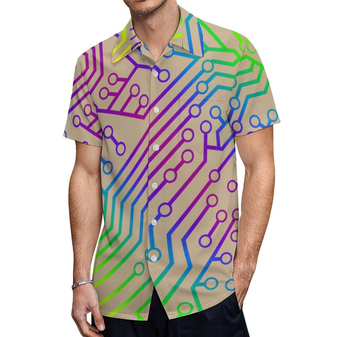 Cyber Electric Rainbow Circuit Board Hawaiian Shirt Mens Button Down Plus Size Tropical Hawaii Beach Shirts
