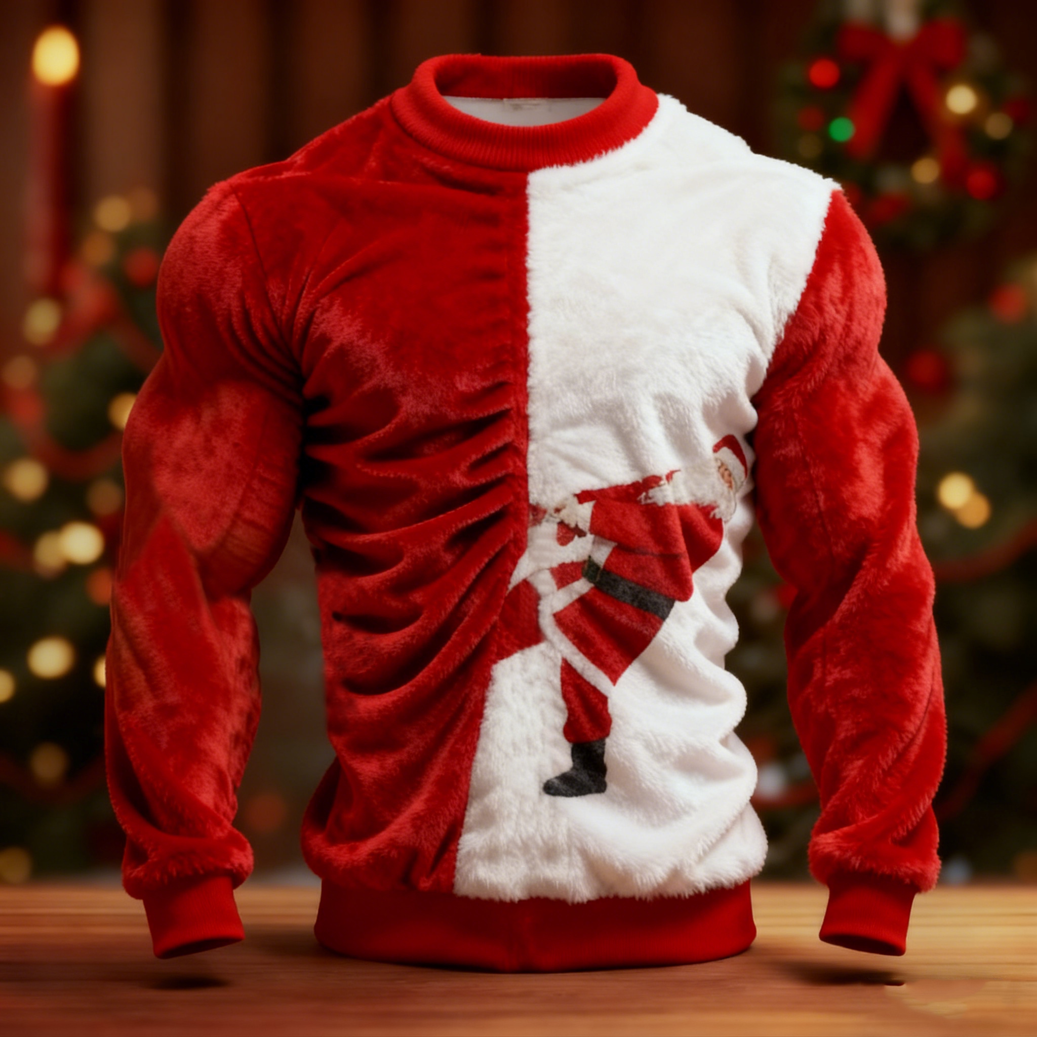 Fun Santa Claus Pulling Curtain  Color-blocked Plush Sweater elevenforest