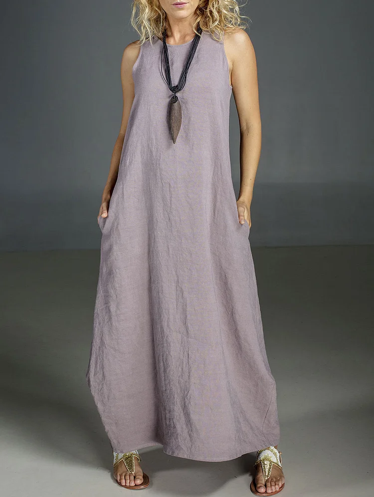Casual Plain Round Neck Sleeveless Maxi Linen Dress