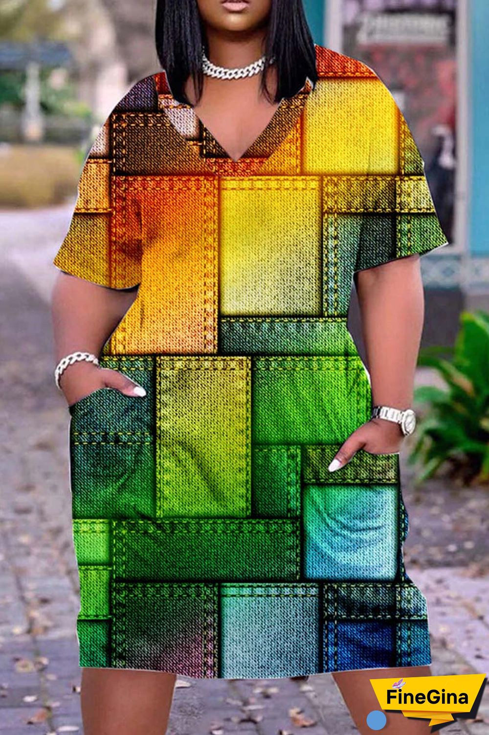 Black Casual Print Patchwork V Neck Short Sleeve Dress