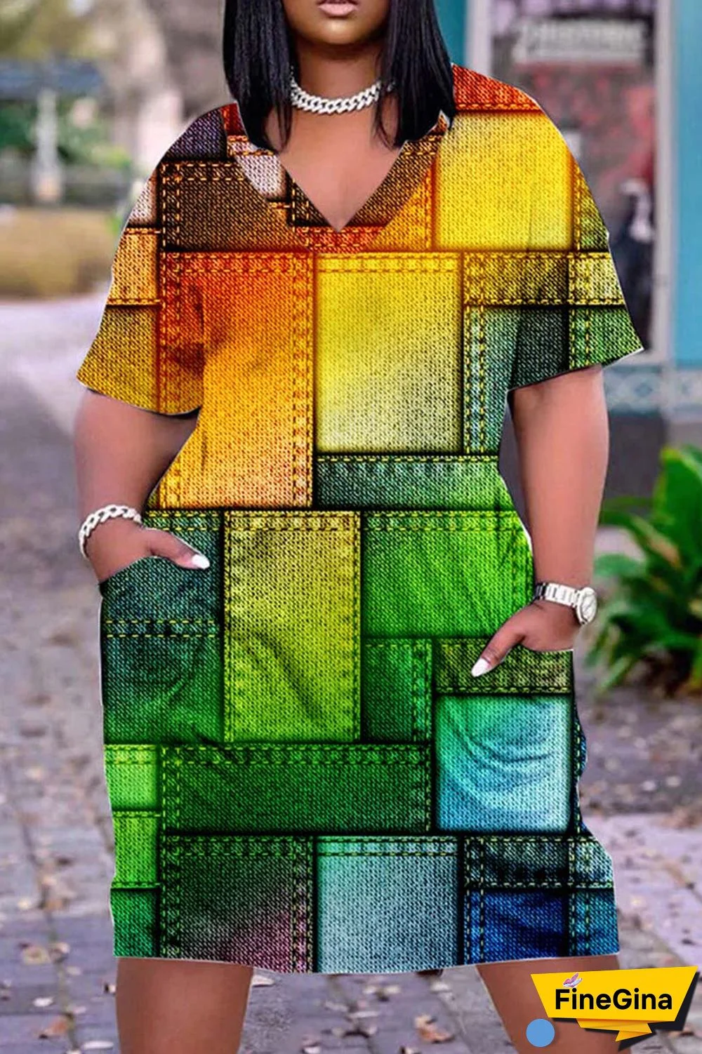 Black Casual Print Patchwork V Neck Short Sleeve Dress