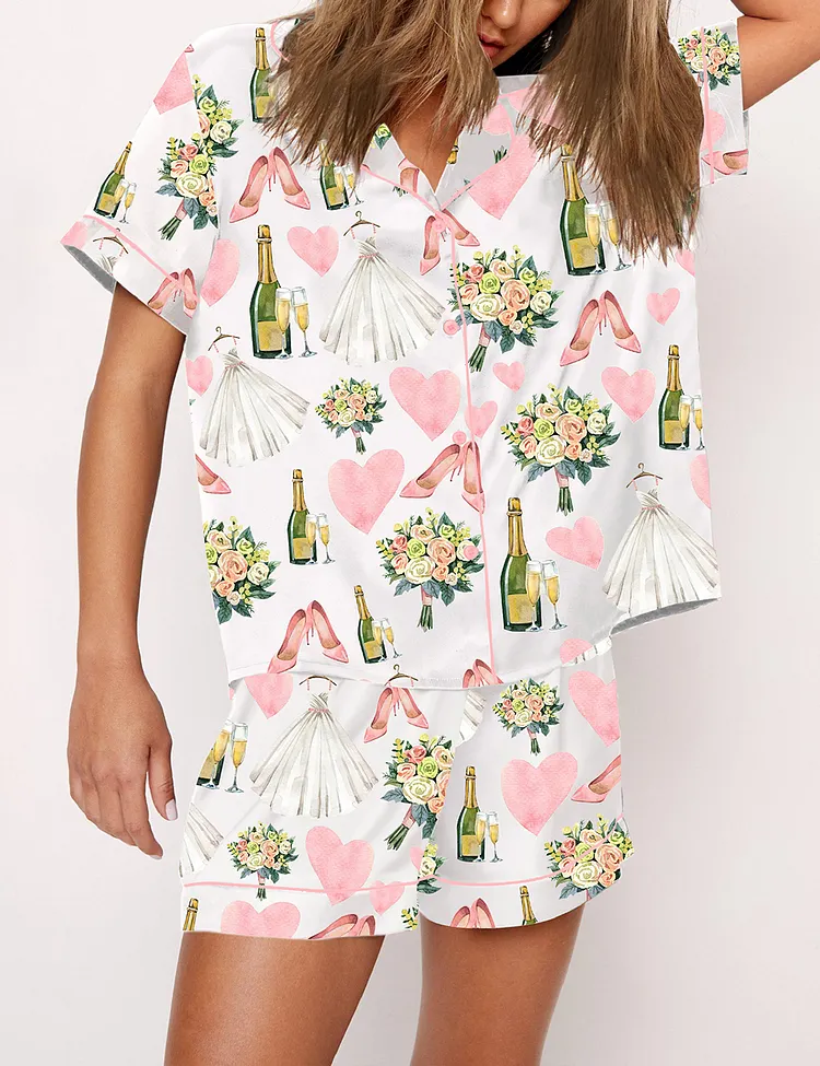 Women&rsquo;s Bride Wedding Champagne Short Sleeve Satin Pajama Set