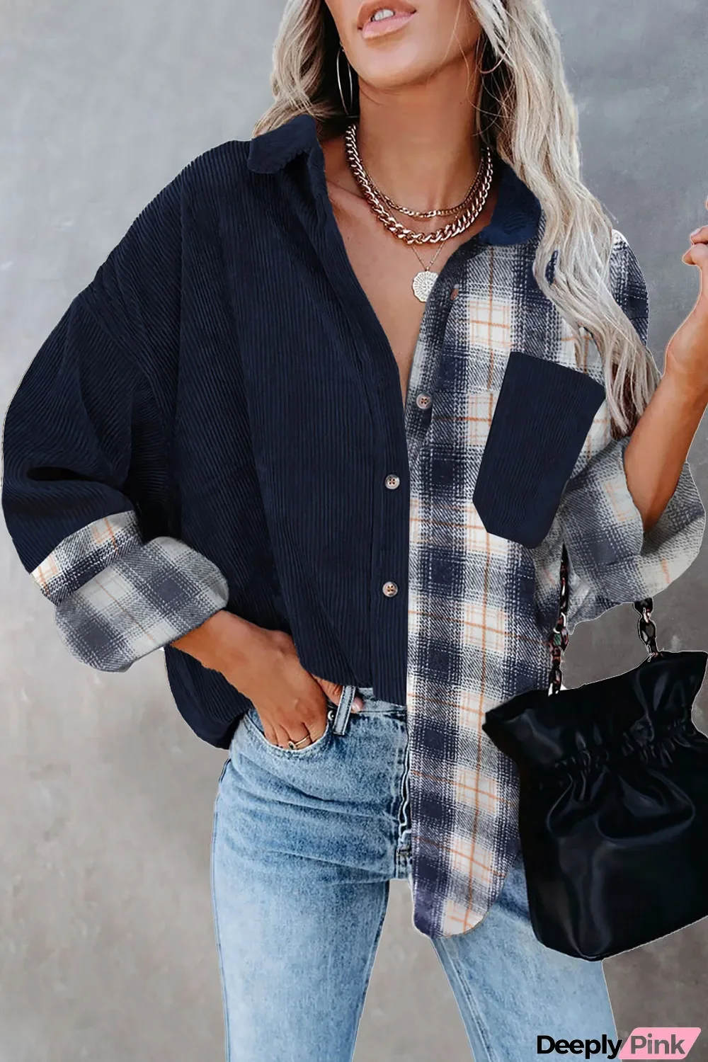 Navy Plaid Color Block Button-up Oversize Corduroy Shirt