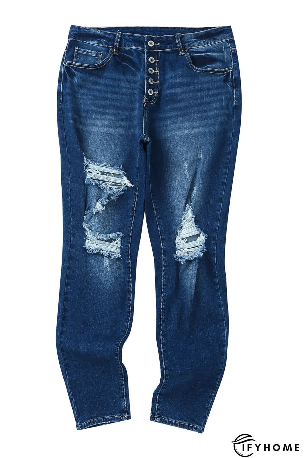 Blue Medium Wash Button Fly Distressed Plus Size Jeans | IFYHOME