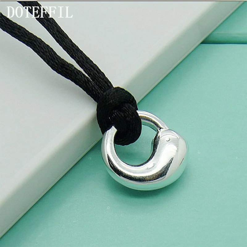 DOTEFFIL 925 Sterling Silver Water Droplets Pendant Necklace Black Rope Chain For Woman Jewelry