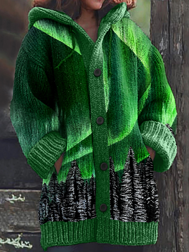 Comstylish Vintage Christmas Aurora Night Art Knitted Sweater Cardigan
