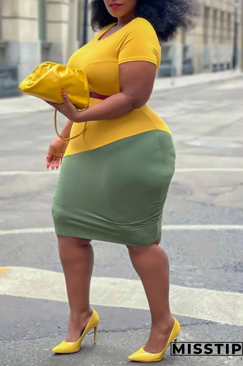Black Green Fashion Casual Plus Size Patchwork Without Belt O Neck Short Sleeve Dress