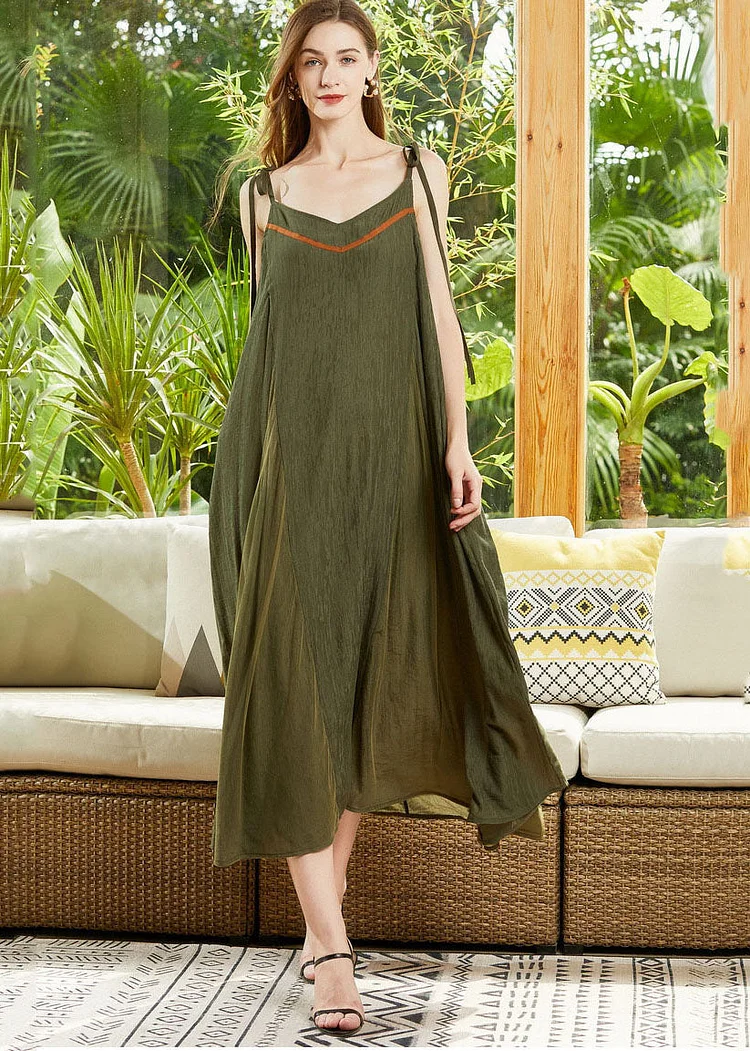 Fitted Army Green Oversized Patchwork Cotton Beach Dress Summer