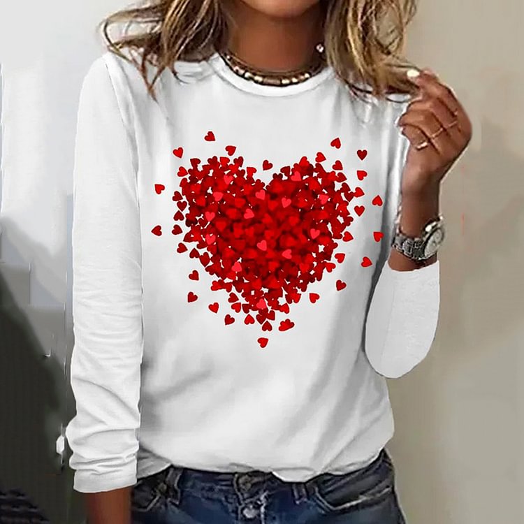 Comstylish Heart Print Long Sleeve Casual T-Shirt