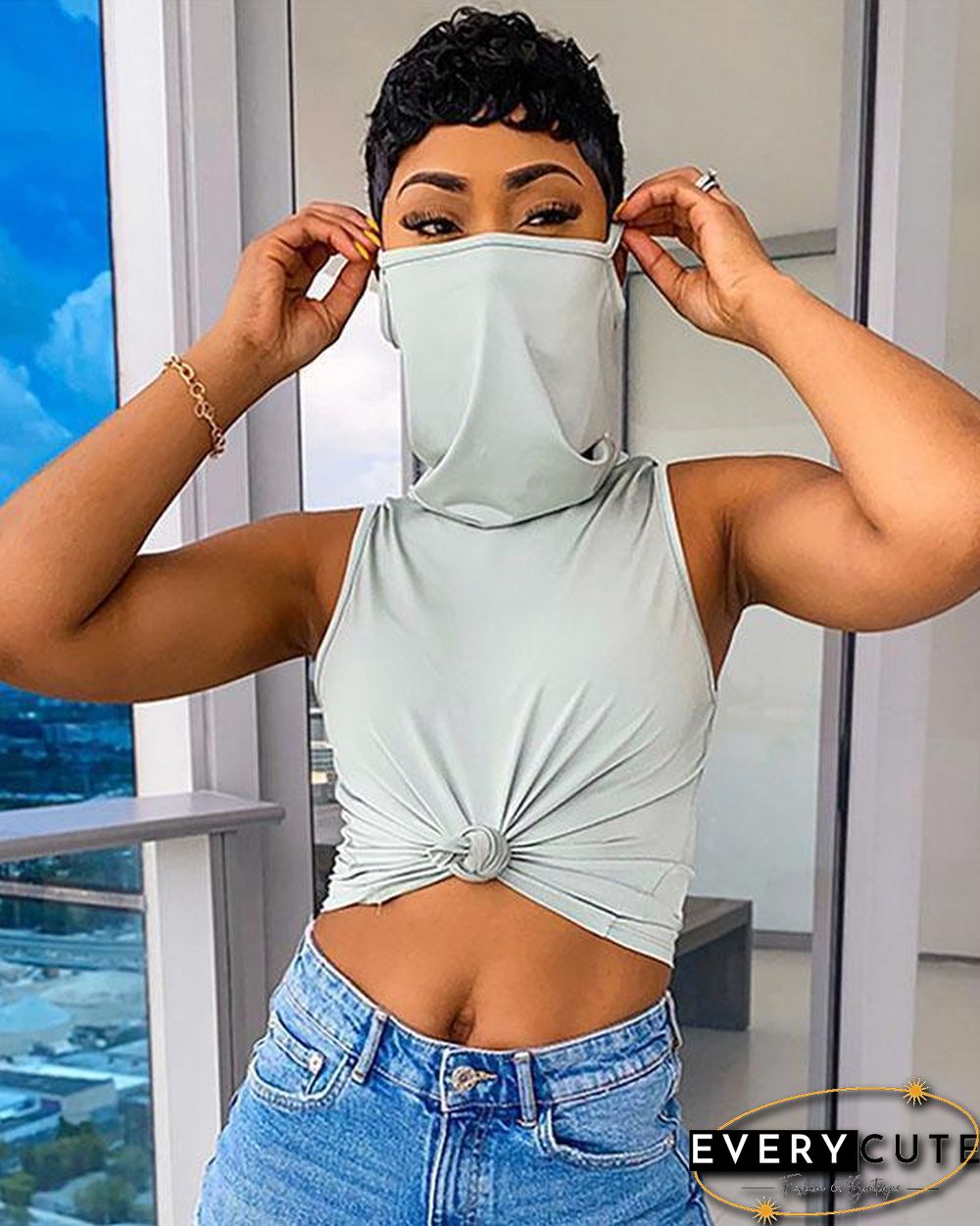 Solid Color Sleeveless Casual Shirt Top With Bandana