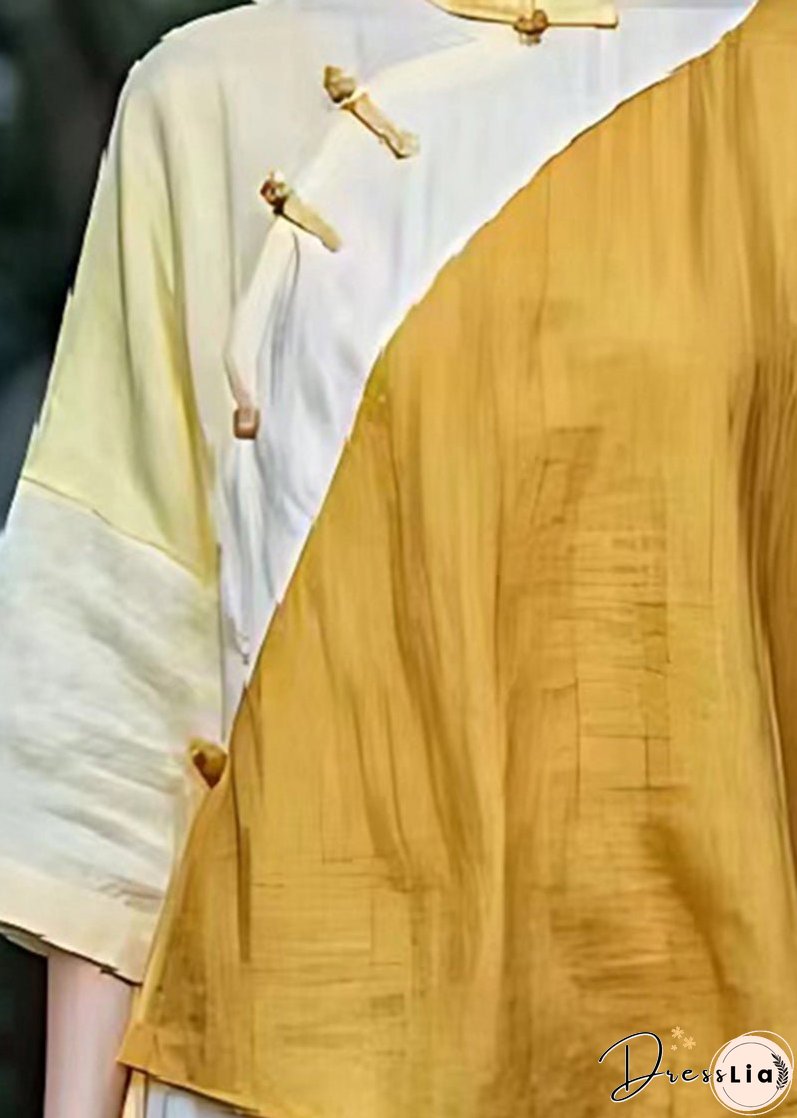 Yellow Patchwork Linen Chinese Style Top Asymmetrical Design Summer