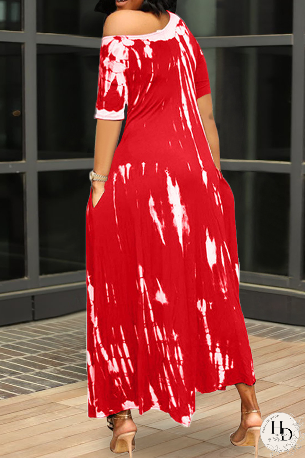 Tangerine Red Casual Print Split Joint One Shoulder Irregular Dress Dresses