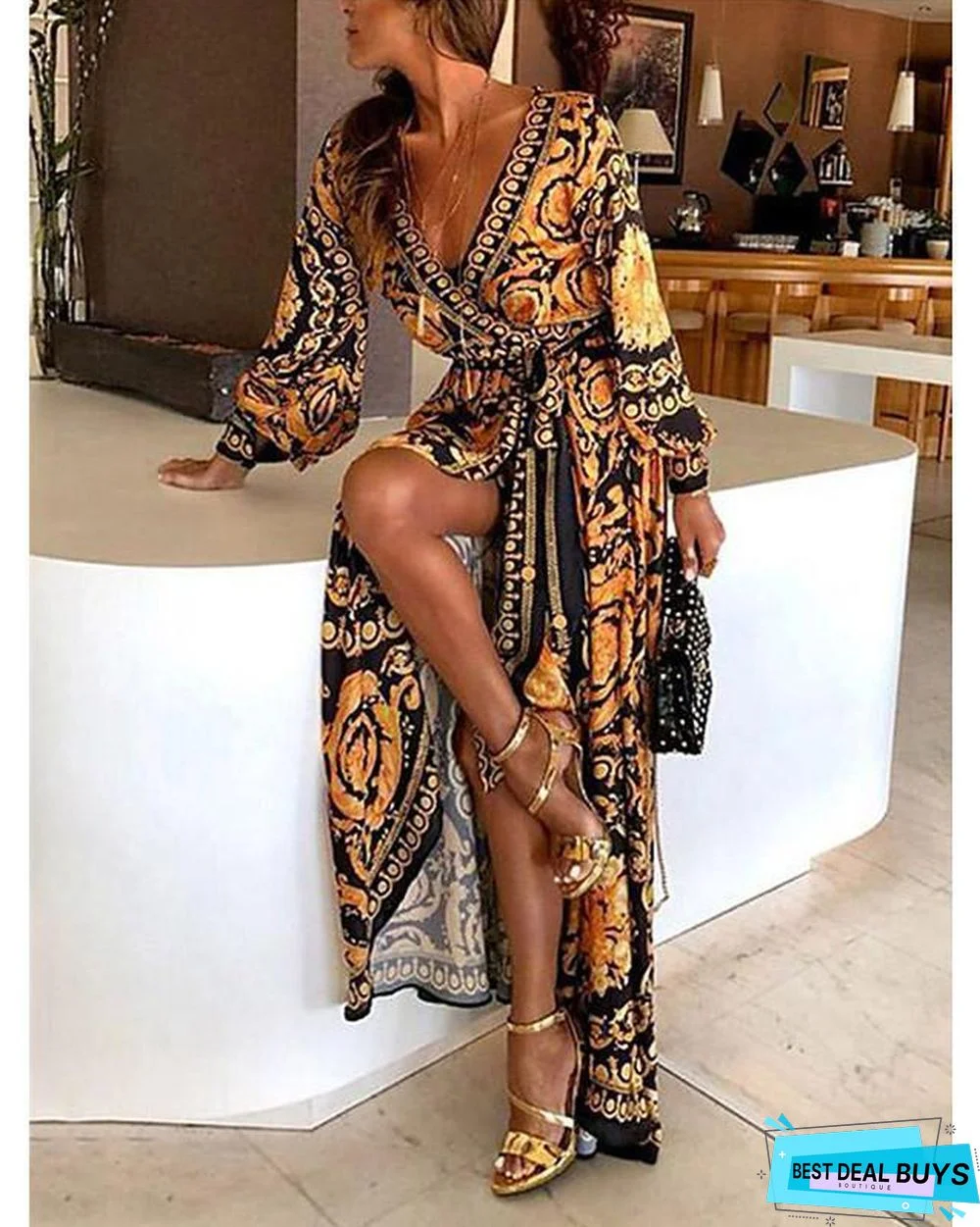 Women's Wrap Dress Maxi Long Dress - Long Sleeve Other Print Spring & Summer Deep V Hot Boho Holiday Going Out Beach Yellow / Vacation Dresses