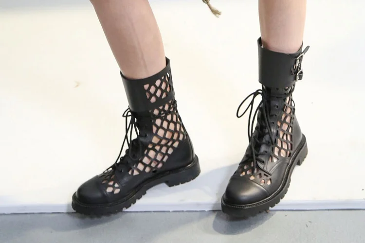 Black Buckle Lace-up Boots Hollow out Round Toe Mid Calf Boots |FSJ Shoes