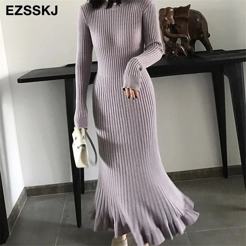 Ezsskj autumn winter thick mermaid maxi sweater dress women o-neck long sweater dress elegant female a-line slim sexy knit dress