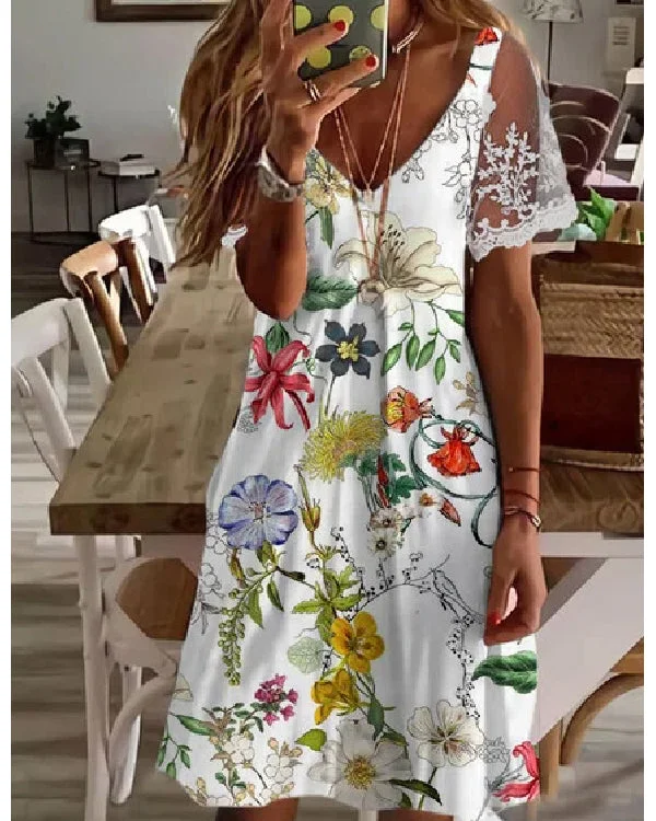 Printed Crew Neck Lace Dress