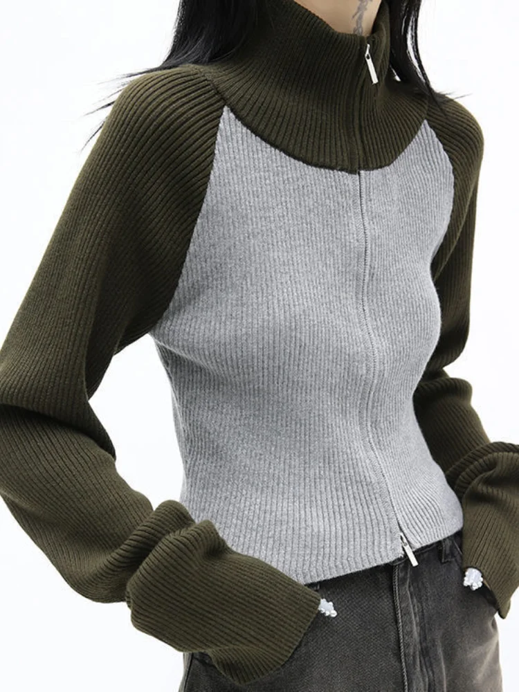 Woherb Cardigan Women Sweater Fashion Korean Knitwears Patchwork Turtleneck Tunic Jackets Sueter Mujer Sweaters Coat Y2k Tops