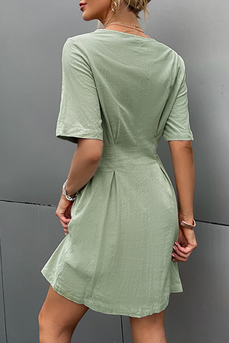 Fashion Street Solid Buckle V Neck A Line Dresses