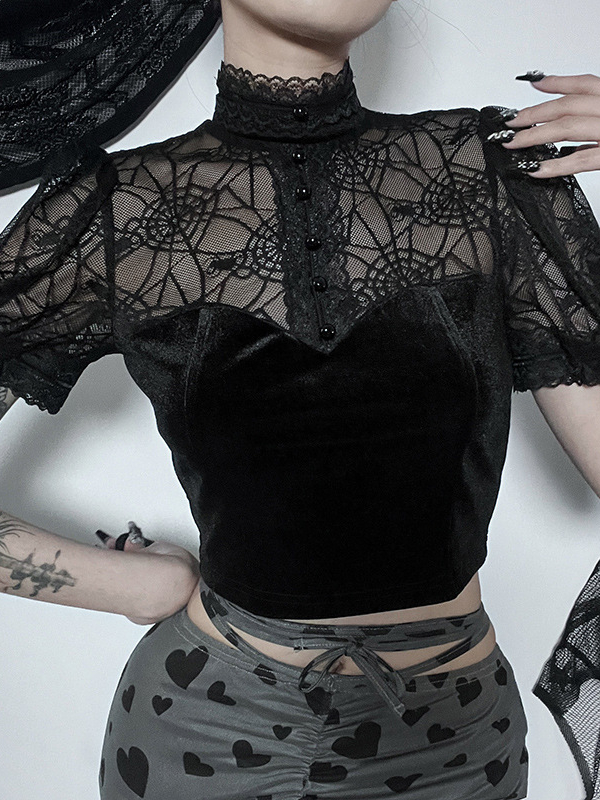 Dark Sexy Lace Paneled Spider Web See-through Top