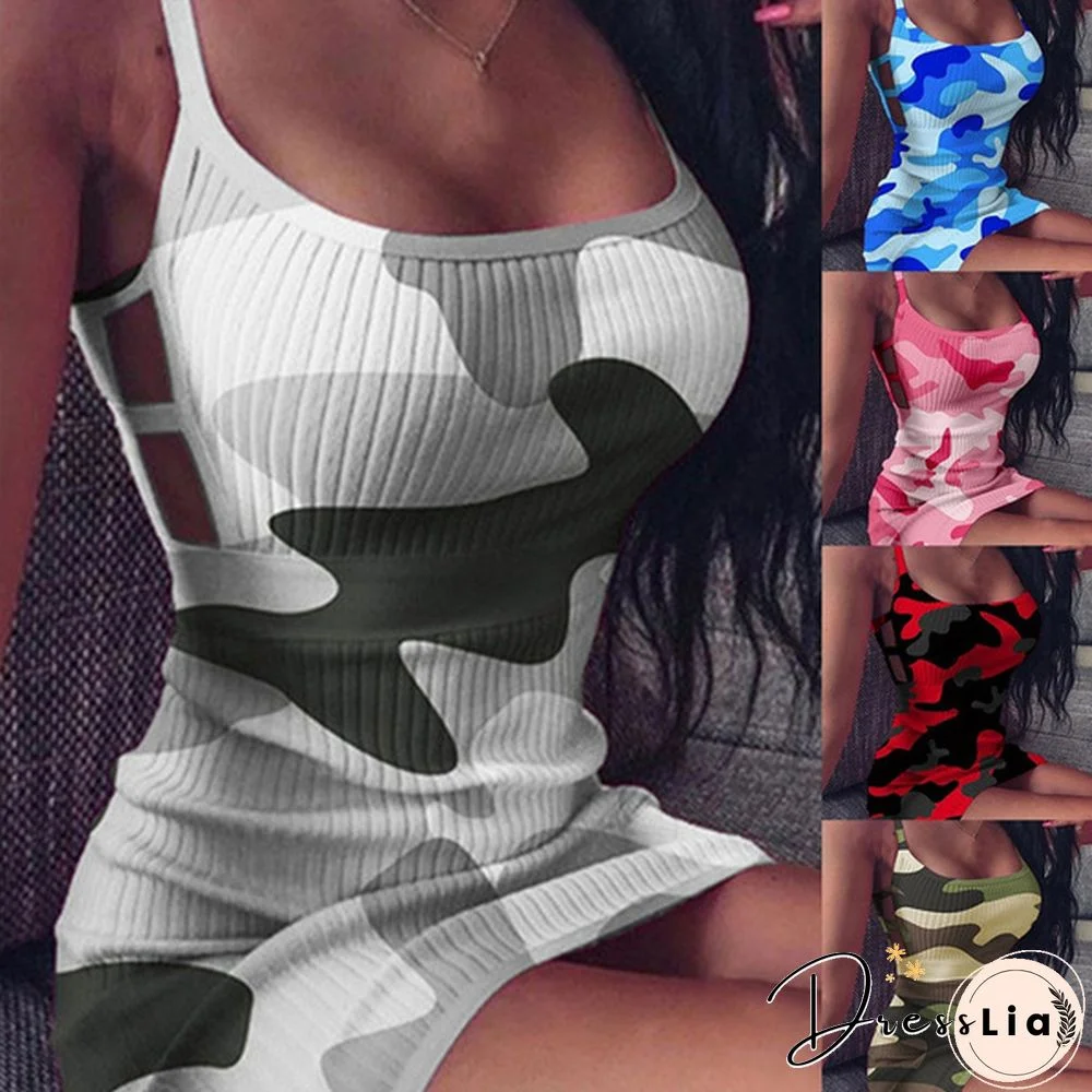 Womens Fashion Sleeveless Camouflage Print Bandage Package Hip Mini Dress Slim Fit Skinny Casual Pencil Dress